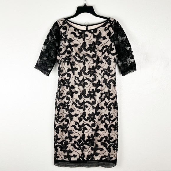ELIZA J Nude Black Lace Overlay Sequin Beaded Sheer Elbow Length Sleeves Dress 8 - Picture 1 of 14